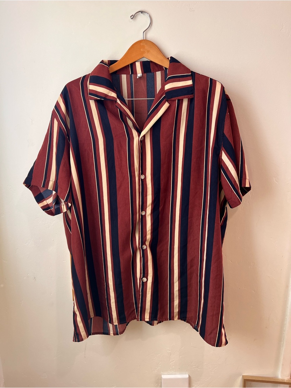 70’s Style Burgundy Stripe Short Sleeve Button-Down Shirt